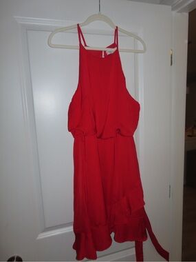 She + Sky Red Halter Ruffle Midi Dress